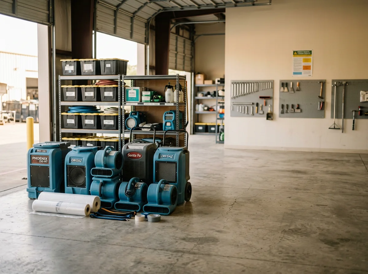 Professional restoration equipment and tools organized in a service facility, representing disaster recovery and construction capabilities.