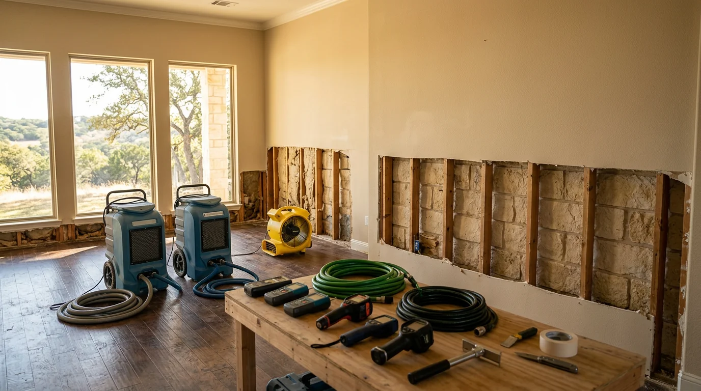 Professional water mitigation and fire damage restoration equipment and team