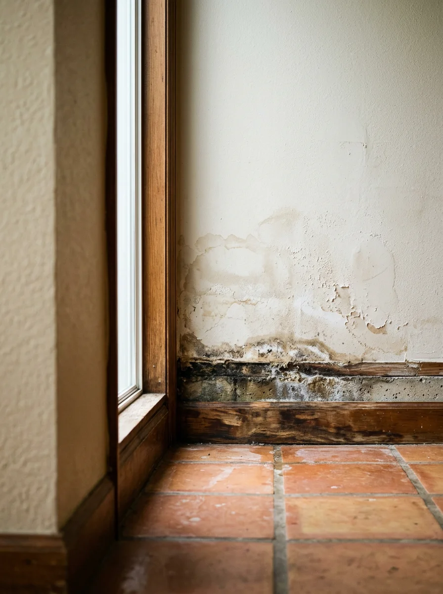 Interior wall of an Austin bungalow showing water staining along the base of drywall near a slab foundation after a heavy spring rain event.