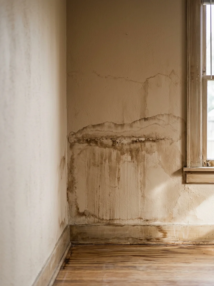 Interior of a Bryan rental property showing water staining on plaster walls and moisture damage spreading beneath original hardwood flooring after a Brazos Valley rain event.
