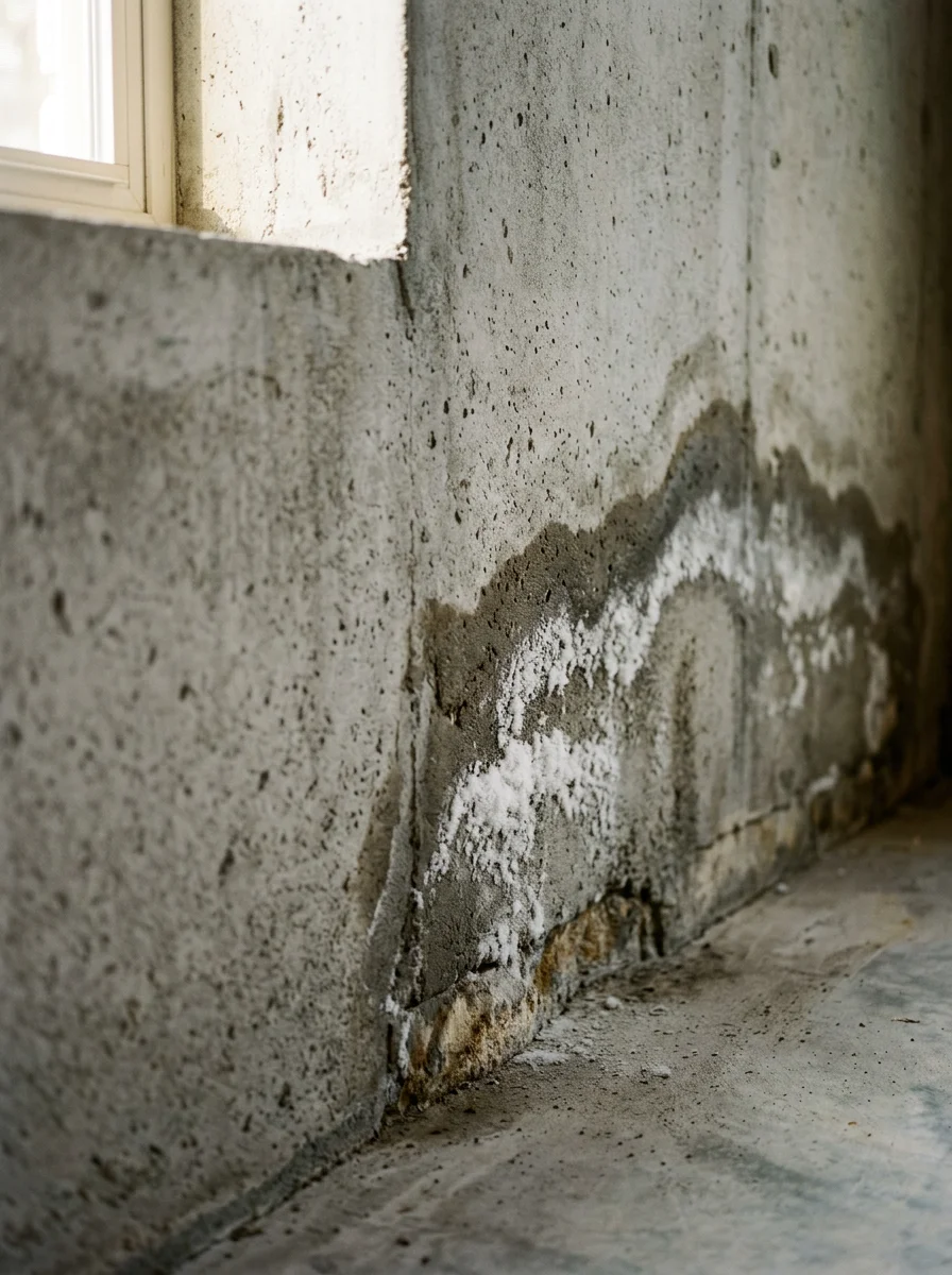 Close-up of a Central Texas slab-on-grade home foundation showing moisture intrusion staining along the base of an interior wall after heavy rainfall.