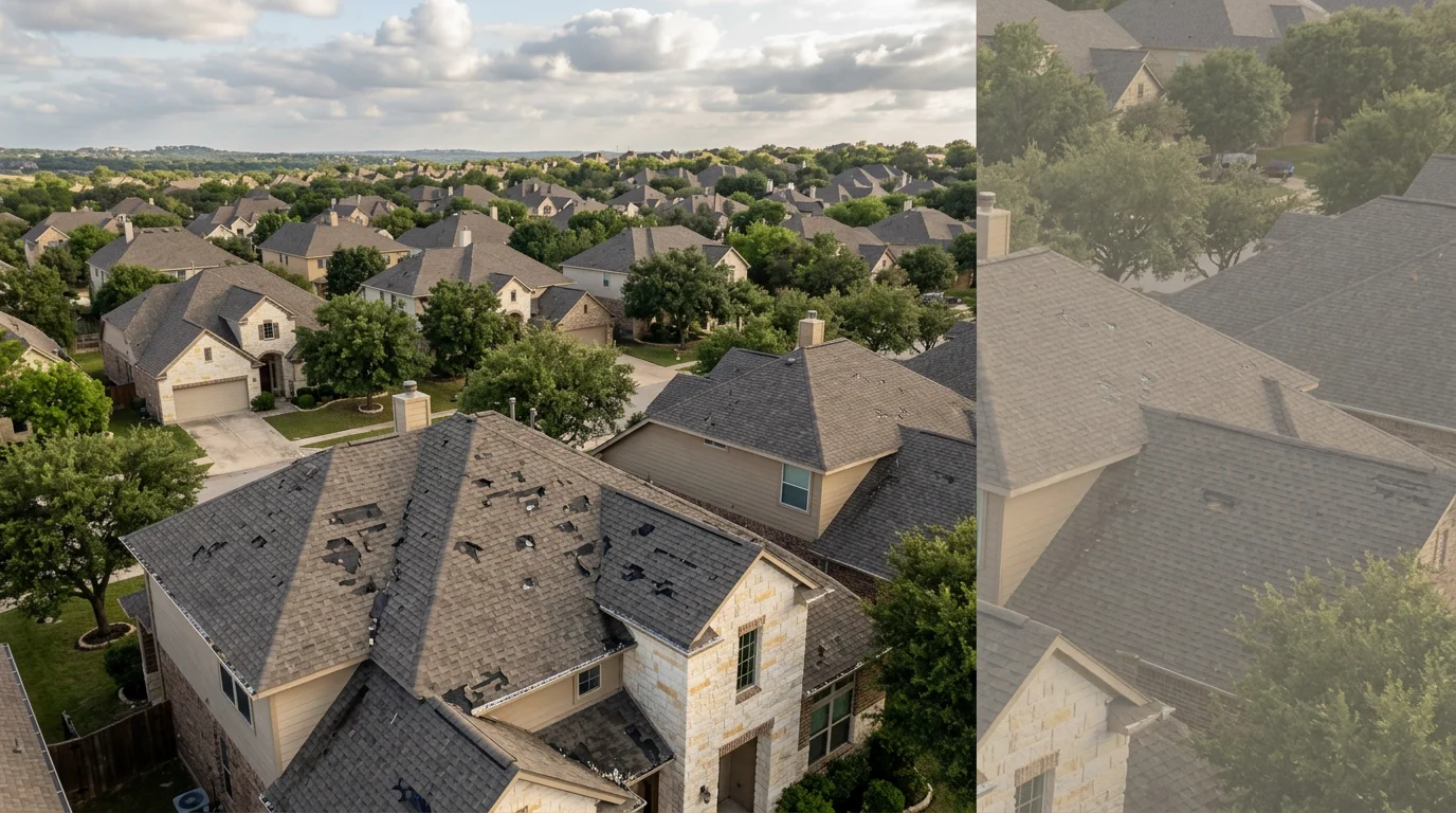 Aerial view of a Central Texas residential neighborhood showing hail-damaged asphalt shingle roofs with visible impact marks and missing granules after a spring storm.