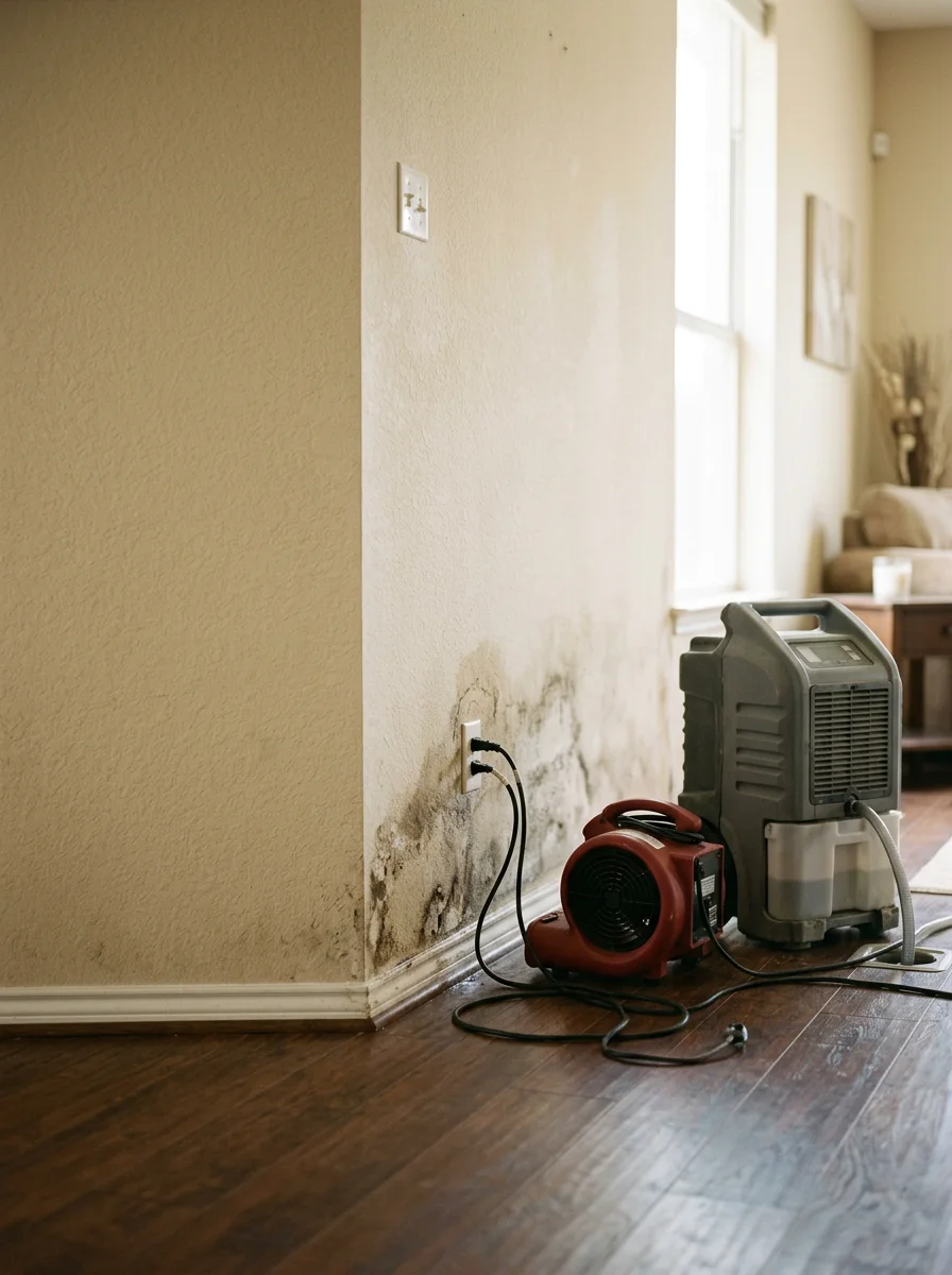 Interior of a Killeen 1990s suburban home showing water staining on drywall near the base of an exterior wall, with moisture mitigation equipment placed for structural drying.