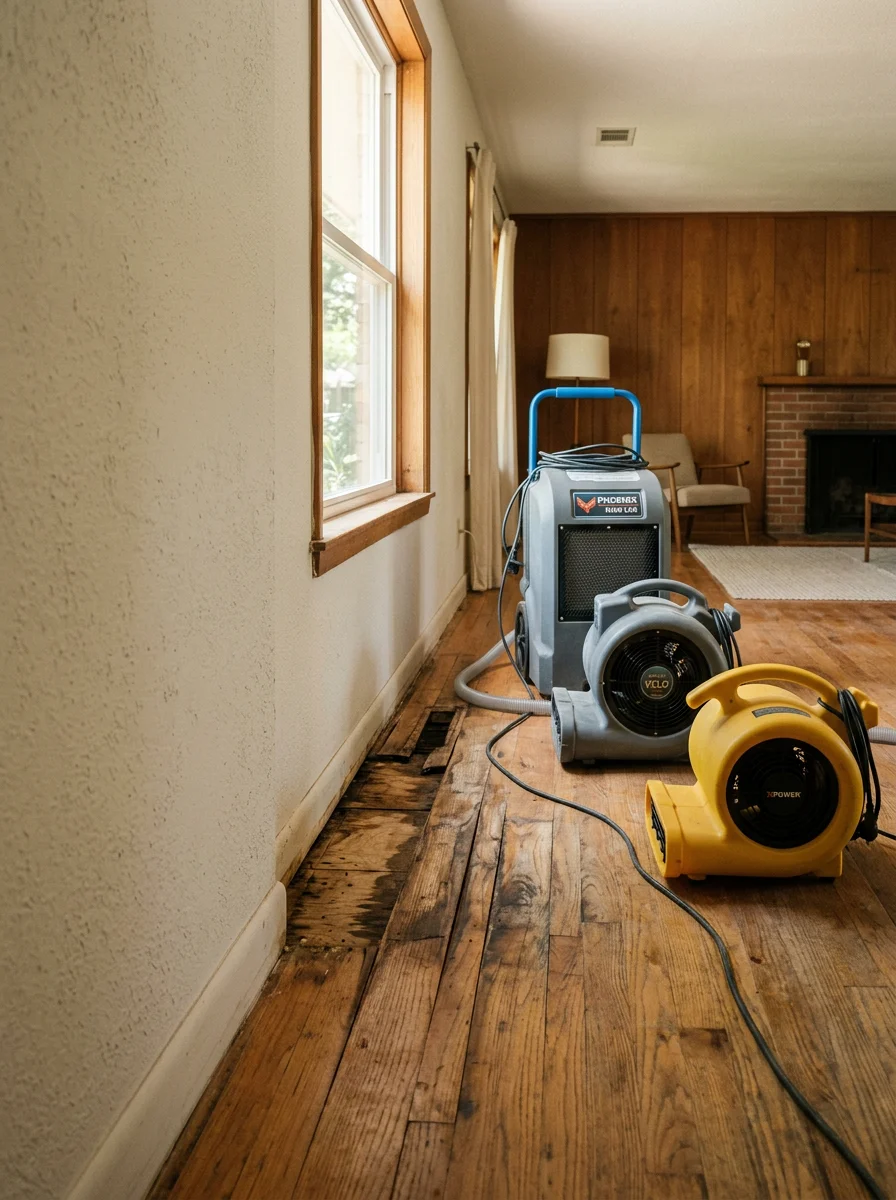 Interior of a San Antonio mid-century home showing moisture damage spreading beneath original hardwood flooring near an exterior wall, with drying equipment placed for water mitigation.