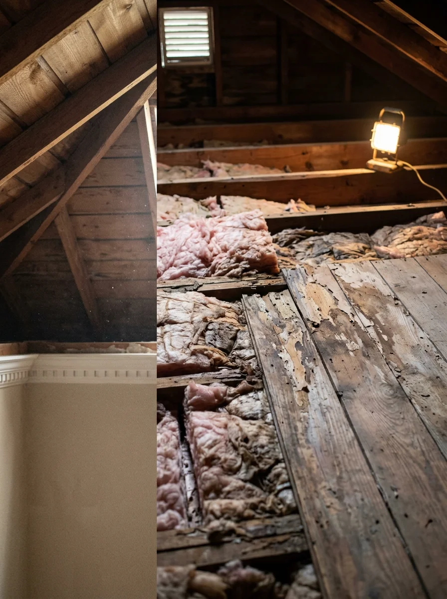 Interior attic space of a Waco craftsman bungalow showing moisture-stained decking and deteriorated insulation after a Brazos Valley rain event.