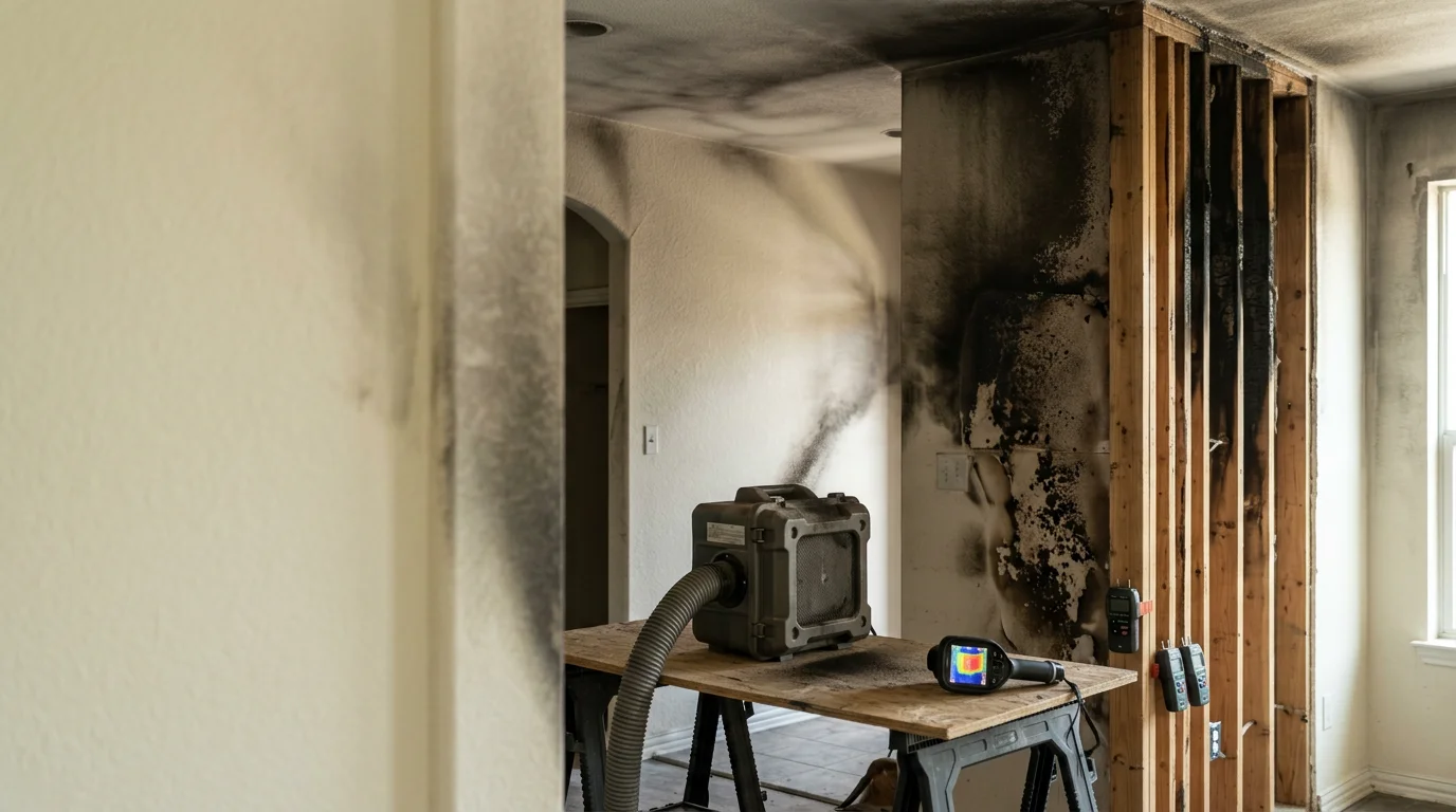 Interior of a Central Texas home showing soot-covered walls and ceiling after a fire, with restoration equipment staged for smoke and structural damage remediation. A locally owned XACT Contracting crew assesses the affected rooms before cleanup begins.