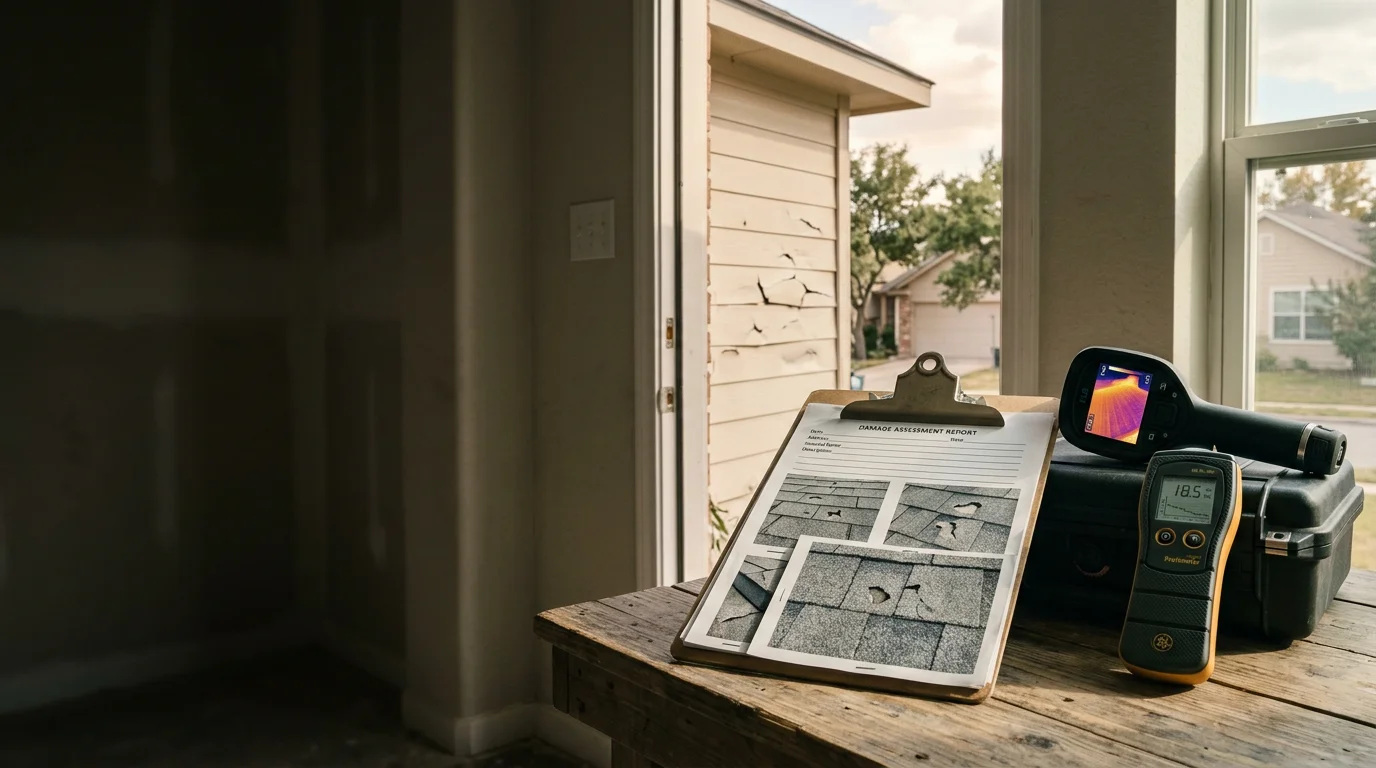 A Central Texas home with visible storm and hail damage to the roof and siding, with a damage restoration contractor reviewing a written assessment on a clipboard during an insurance claim inspection.