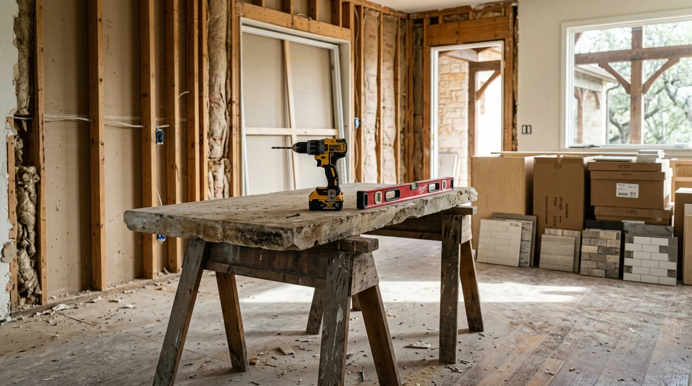 Remodeled kitchen in a Central Texas home featuring updated cabinetry, durable countertops, and improved task lighting. The open layout connects to an adjacent living area with clean material transitions throughout.