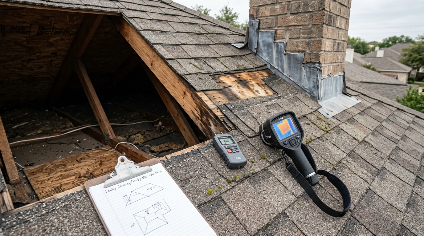 A Central Texas roofer examining cracked flashing and lifted shingles around a roof penetration during a leak detection inspection. Close-up view shows visible water staining on the decking beneath the damaged area.