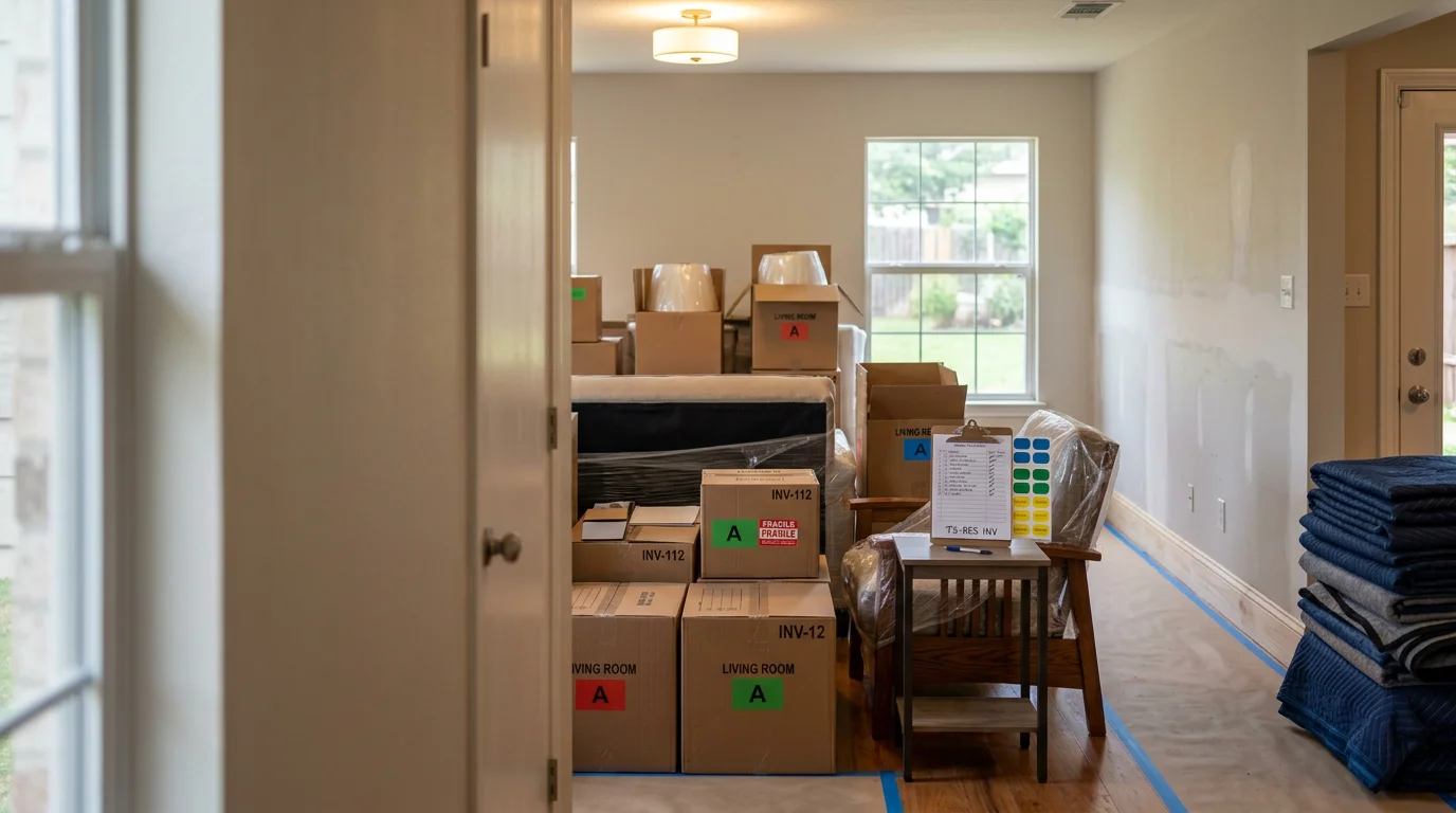 A restoration crew member carefully placing labeled, wrapped furniture back into a restored living room in a Central Texas home. Stacked inventory boxes and protective padding are visible in the foreground.