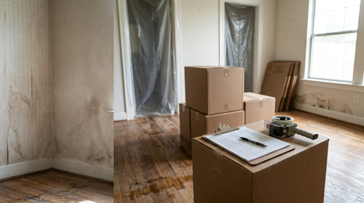 A restoration crew carefully inventorying and packing household furniture and personal belongings into labeled boxes inside a Central Texas home with visible water damage. Packed boxes are staged near the front door for transport to a secure off-site storage facility.