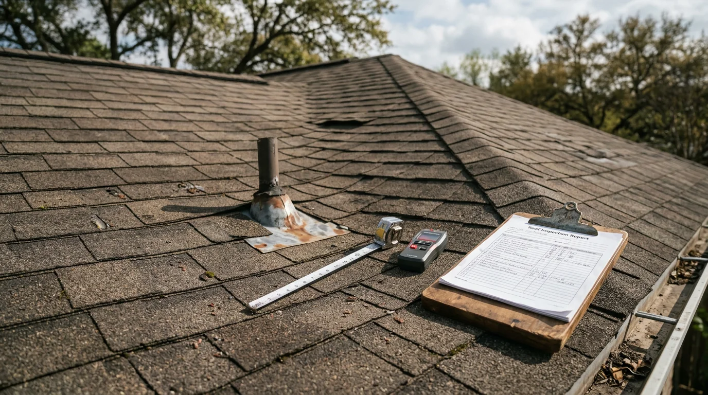 A roofing professional inspecting shingles and flashing on a residential roof in Central Texas. Close-up view shows granule condition and flashing detail during a post-storm roof inspection.