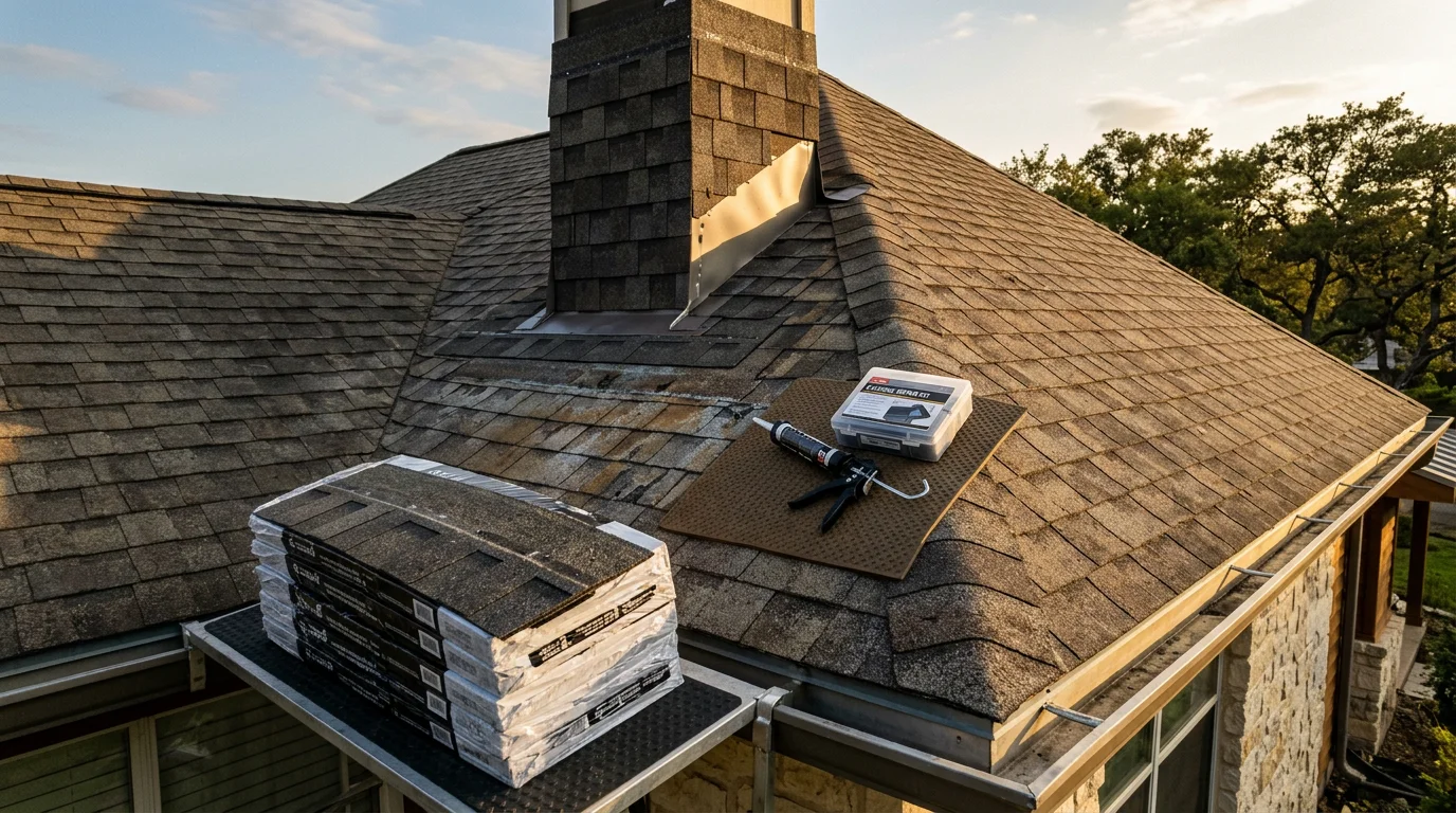 A Central Texas residential roof showing repaired shingles and resealed flashing after hail and wind damage. A roofing contractor inspects the completed repair area on a sunny day.