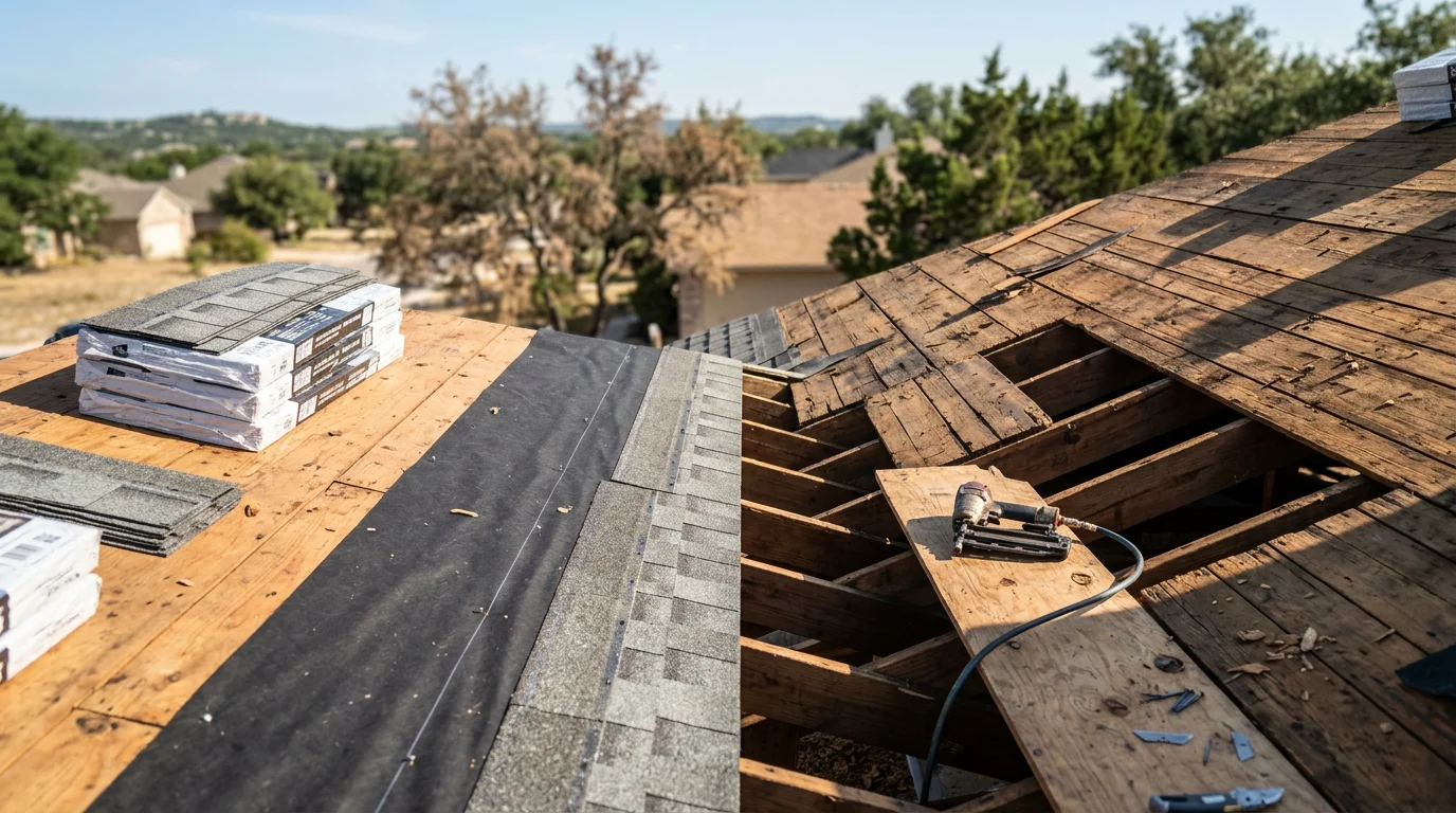 A newly completed roof replacement on a single-family home in Central Texas, showing clean rooflines and fresh roofing materials under a clear blue sky. A work crew from XACT Contracting and Consulting LLC completes the final installation on a residential property in the area.