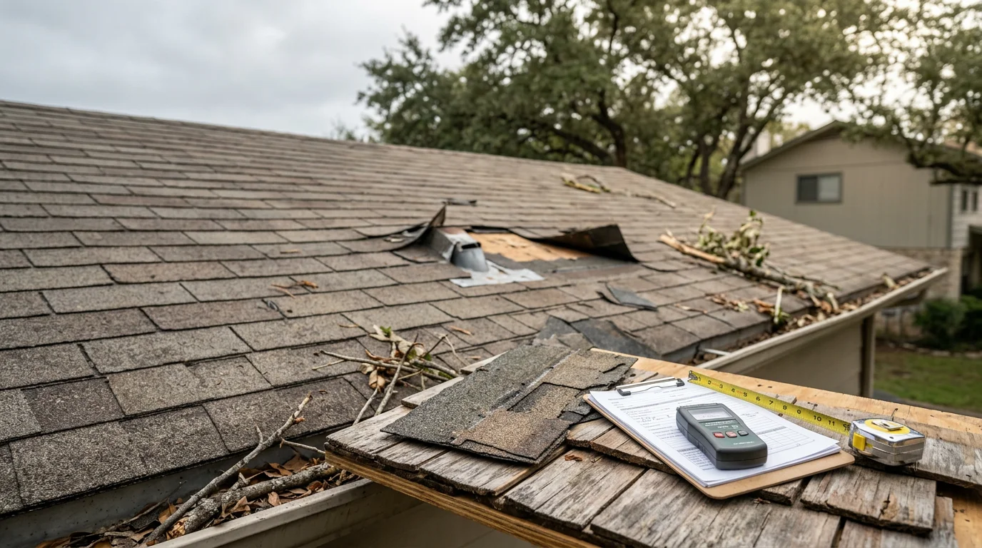 A Central Texas residential roof showing repaired shingles and flashing after hail and wind storm damage. A roofing contractor from XACT Contracting and Consulting LLC inspects the completed repair area from the roof surface.