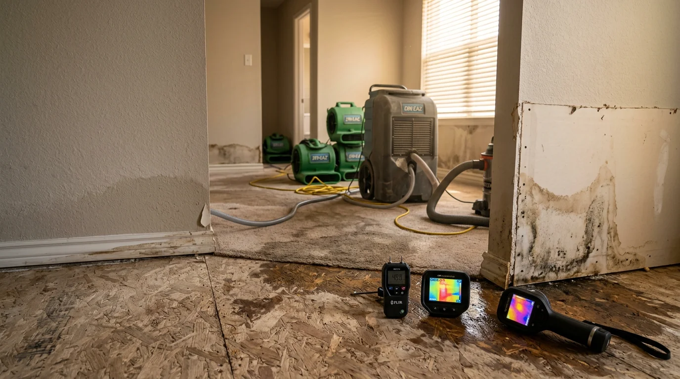 Water extraction equipment removing standing water from a flooded living room floor in a Central Texas home. Moisture detection tools are visible along the baseboards during the mitigation assessment.